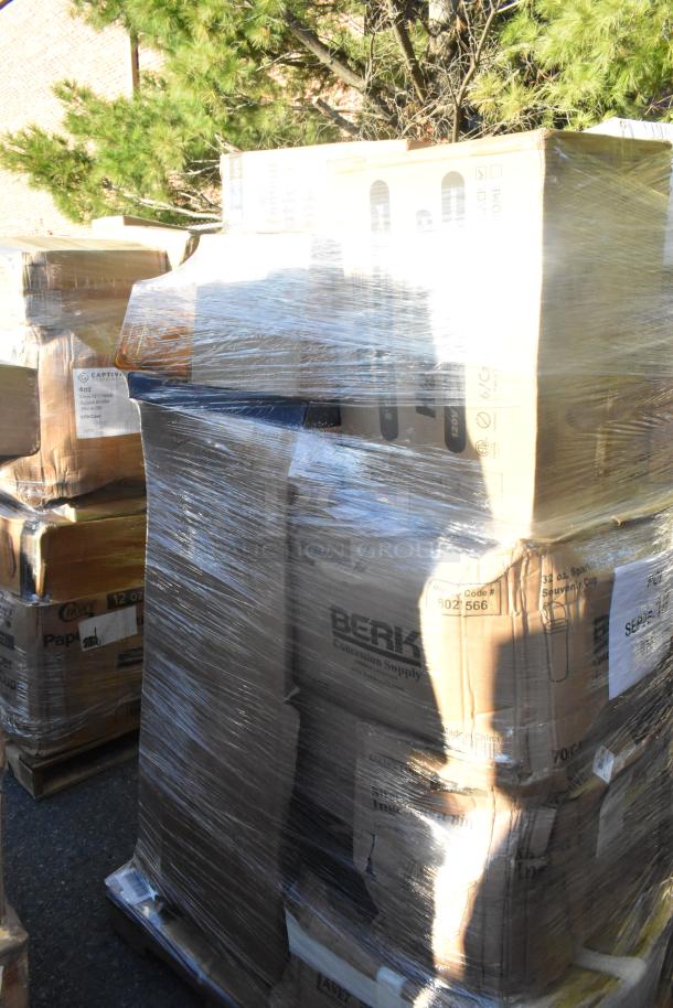 Pallet of 21 brand new scratch and dent items, including heat lamp, plates, table, trash can dolly, wrapped in plastic.