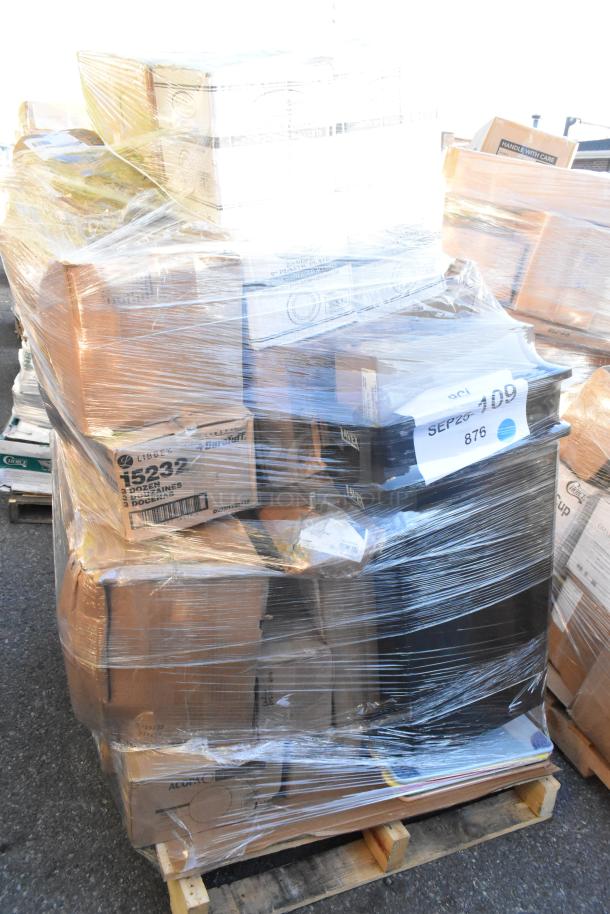 24 new scratch and dent items on pallet, including glasses and bins, wrapped in plastic. Boxes labeled Libbey and Acurac.