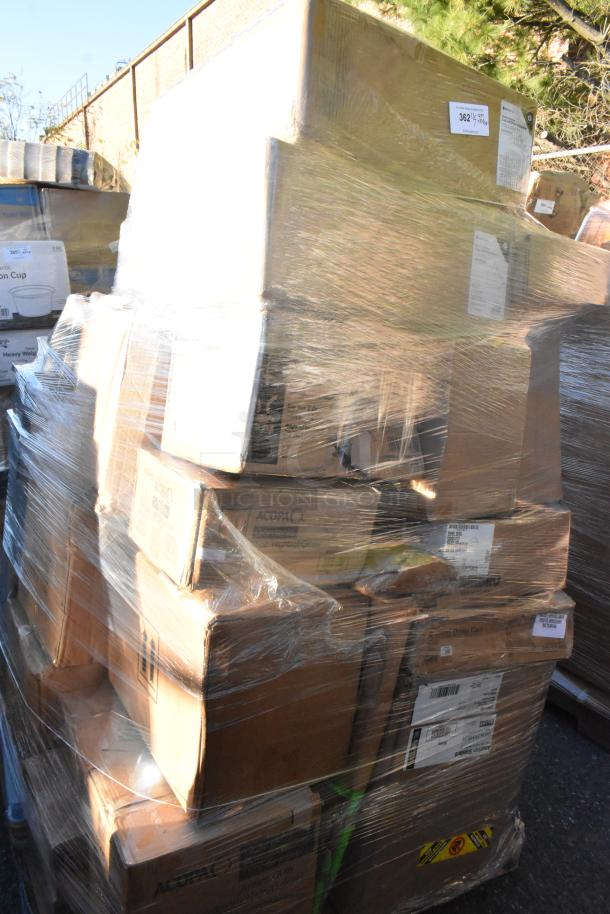 Pallet of 24 boxes, scratch and dent, with glasses, ingredient bins, plates; shrink-wrapped, various labels visible.