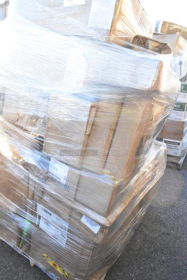 Plastic-wrapped pallet with 24 boxes, labeled as scratch and dent items; includes glasses, ingredient bins, plates.
