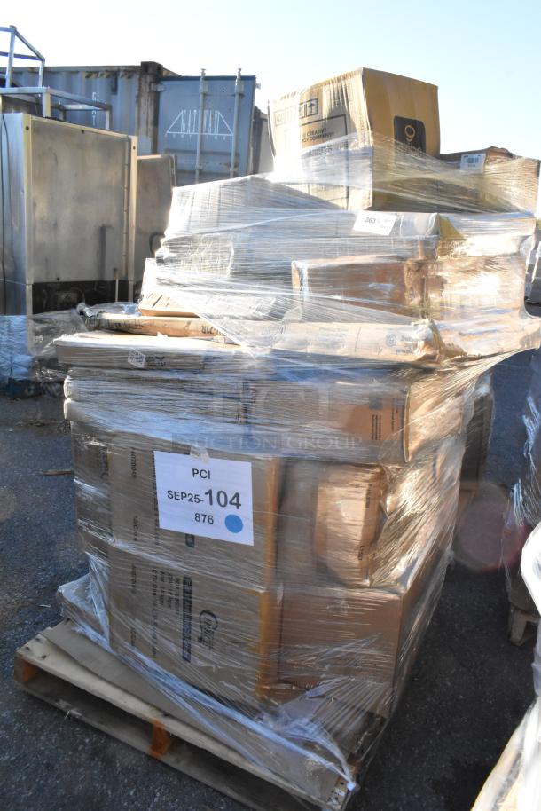 Sealed pallet of 37 brand new scratch and dent items including glasses, ice tote, tumblers, plates. Marked PCI SEP25-104.