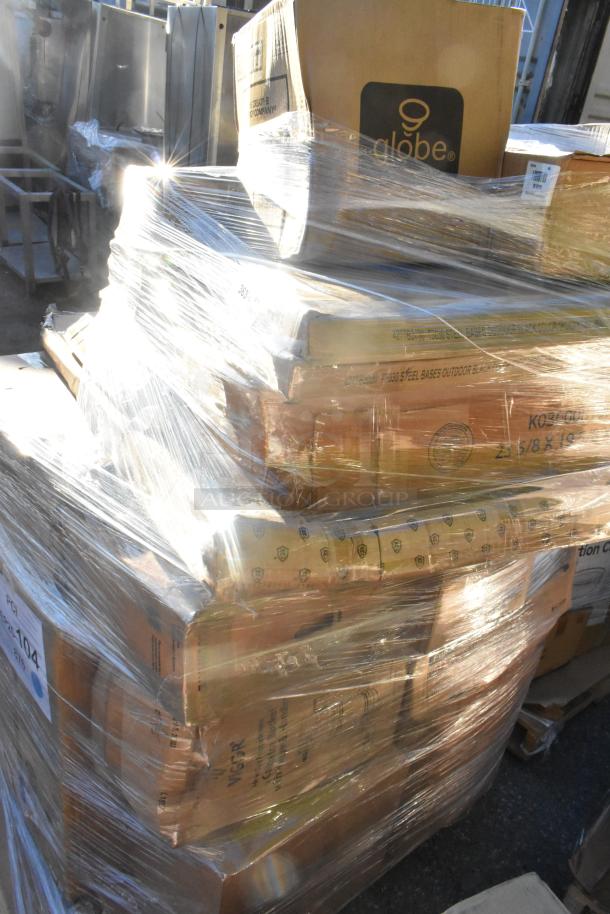 Pallet of 37 brand new scratch and dent items including glasses, ice tote, tumblers, and plates, wrapped in plastic.