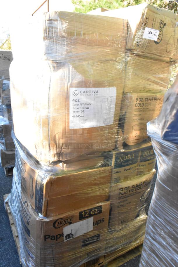 Stack of 24 boxes labeled by brands such as Captiva and Choice, containing cold cups, lids, and yogurt cups. New, scratch and dent condition.