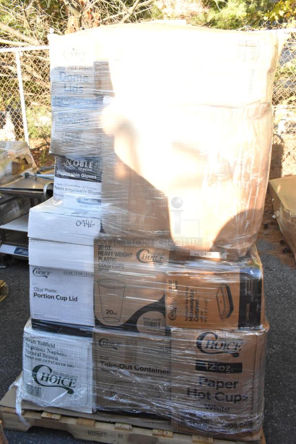 Pallet of new scratch and dent items including Choice cold cups, lids, frozen yogurt cups, wrapped in plastic, on auction.
