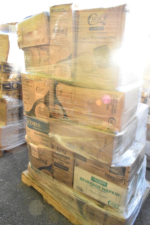 Boxes of scratch and dent items, including Choice and Noble brands, containing cold cups, lids, and frozen yogurt cups, wrapped on a pallet.