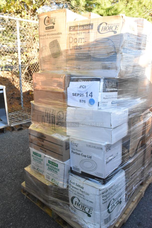 Pallet of 24 new scratch and dent items including Choice cold cups, lids, frozen yogurt cups, wrapped for auction.