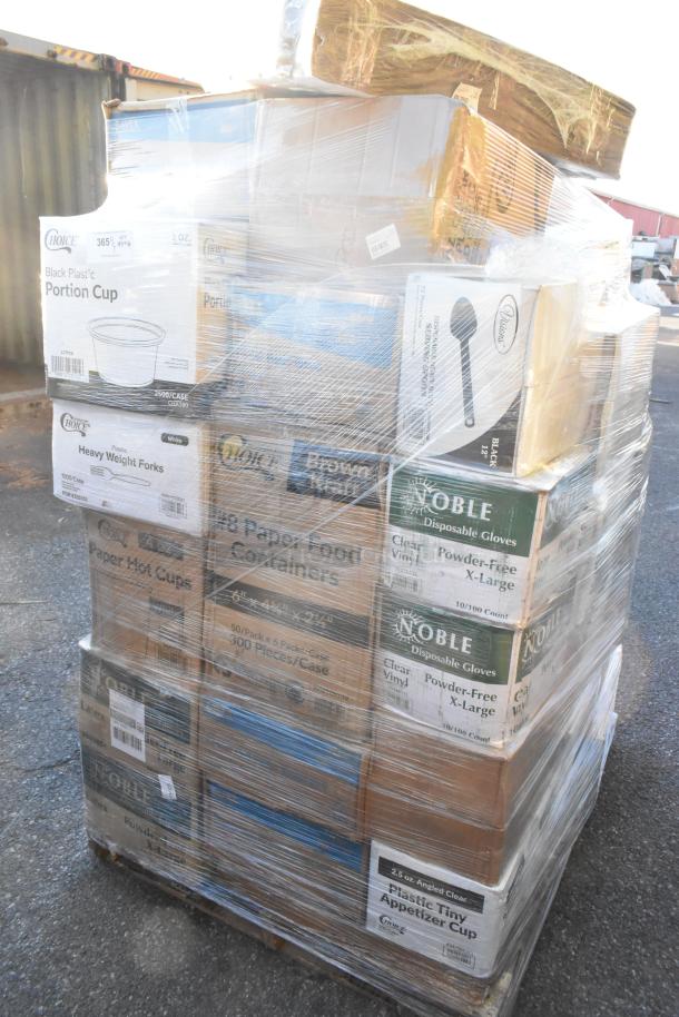 Pallet of 34 new "scratch and dent" items including portion cups, hot cups, plastic forks, napkins, and candy boxes, wrapped in plastic.