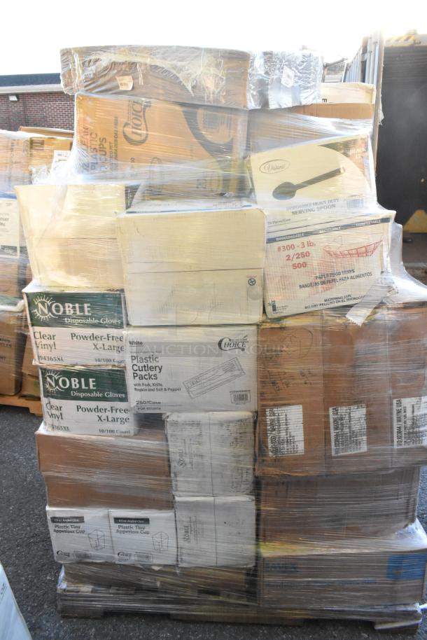 Pallet of 34 scratch and dent items including portion cups, hot cups, plastic forks, napkins, and candy boxes.