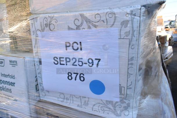 Paletted boxes of assorted new scratch and dent items in plastic wrap, labeled "PCI SEP25-97 876."