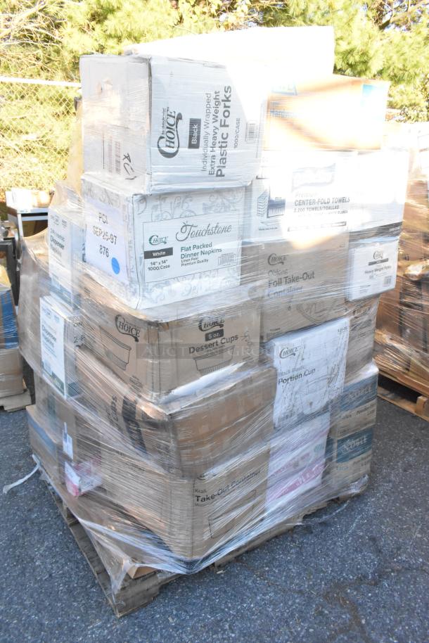 Pallet of 34 mixed, new scratch and dent items including portion cups, hot cups, plastic forks, napkins, and candy boxes.