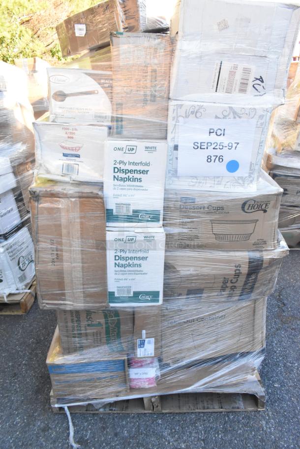 Pallet of brand new scratch and dent items including napkins, cups, and utensils in original packaging.