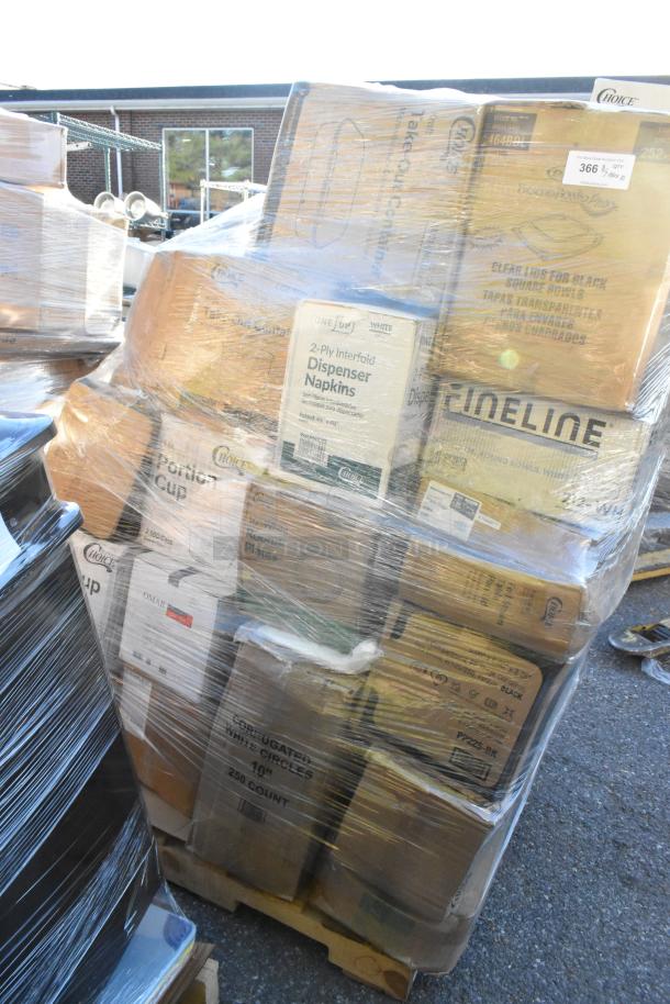 Pallet with 37 new scratch and dent items including cold cups, takeout lids, containers, butcher paper, and food trays.