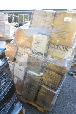 Pallet with 37 new scratch and dent items including cold cups, takeout lids, containers, butcher paper, and food trays.