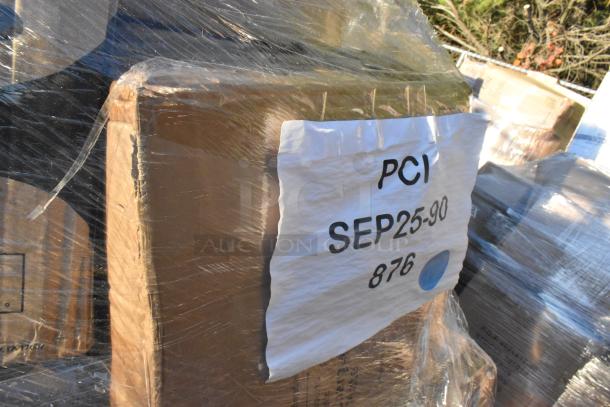 Palette of assorted scratch and dent items shrink-wrapped, label marked "PCI SEP25-90 876" visible.