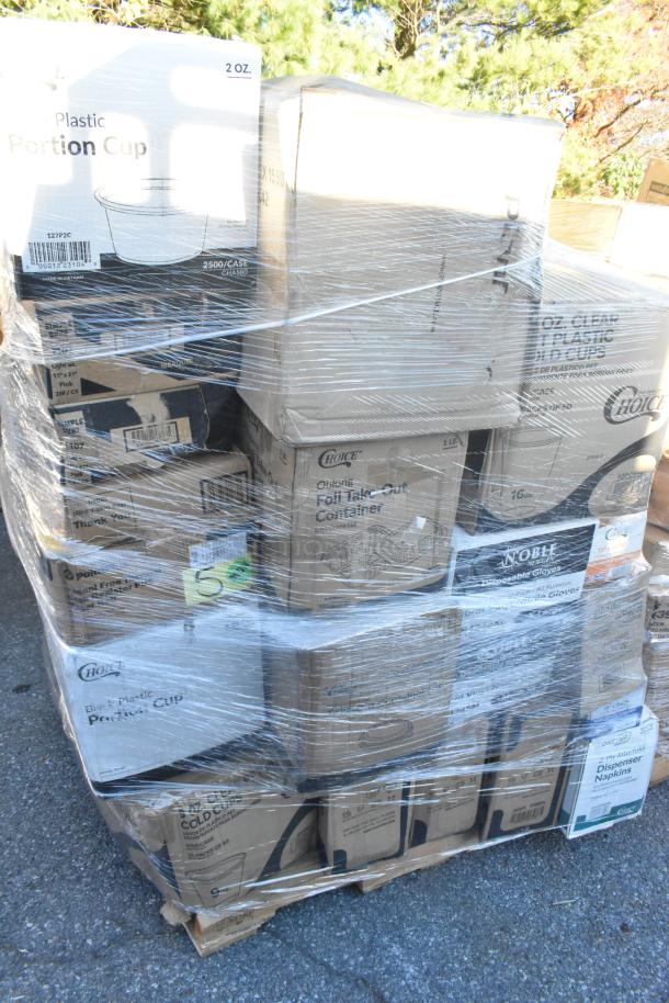 Pallet of 37 brand new scratch-and-dent items, including cold cups, take-out lids, containers, butcher paper roll, food trays.