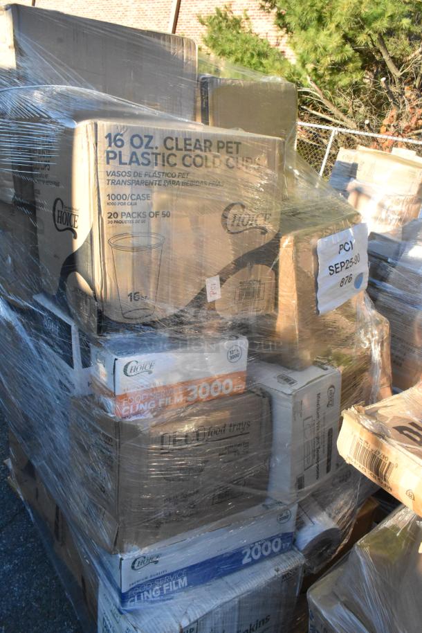 Plastic-wrapped pallet with 37 new scratch and dent items, including Choice 16 oz cold cups, cling film, and food trays.