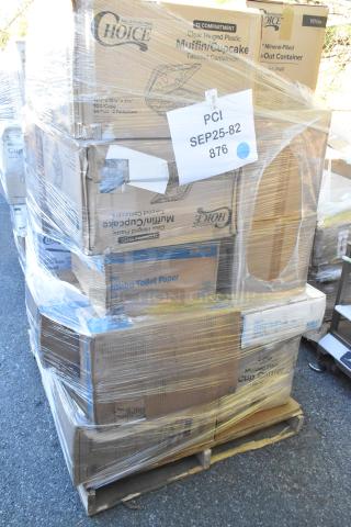 Pallet of 30 brand new scratch and dent items, including napkins, containers, hot cups, and fry bags, wrapped in plastic.