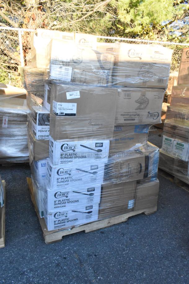 Pallet of 30 brand new scratch and dent boxes including napkins, containers, hot cups, and French fry bags.