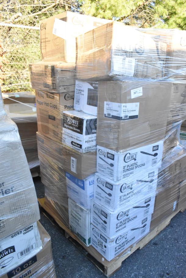 Pallet of boxed food service supplies, including napkins, containers, and cups. Labels indicate various brands. Scratch and dent condition.