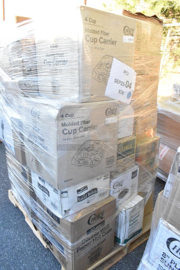 Pallet of 28 new scratch and dent items, including Choice cup carriers, salad bowls, and plastic plates. Labeled cases visible.