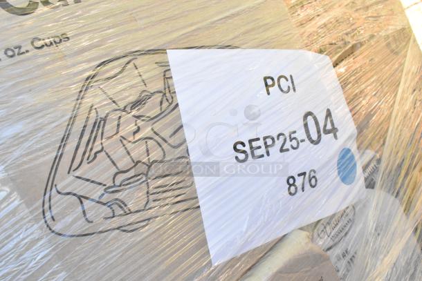 Plastic-wrapped pallet with labeled items: cup carrier, cake circles, salad bowls, plastic plates. Marking: PCI SEP25-04 876.