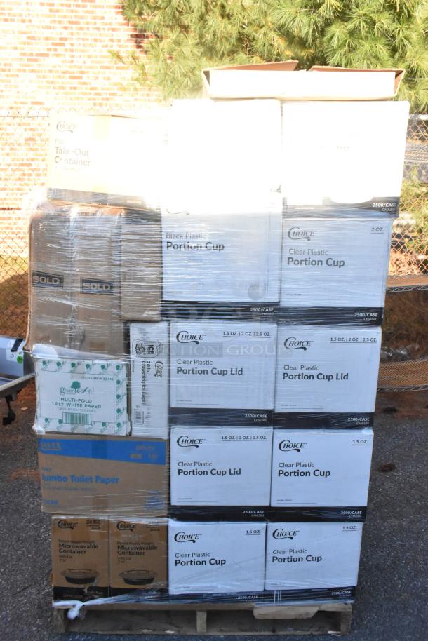 Pallet with 40 new items, including Choice portion cups and lids, Solo take-out containers, and Green Soft paper towels.