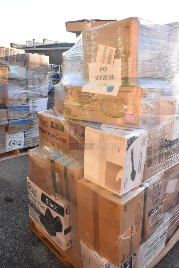 Pallet of 40 new scratch and dent items, including portion cups, ice bags, take-out containers, and serving spoons. Labels show packaging details.
