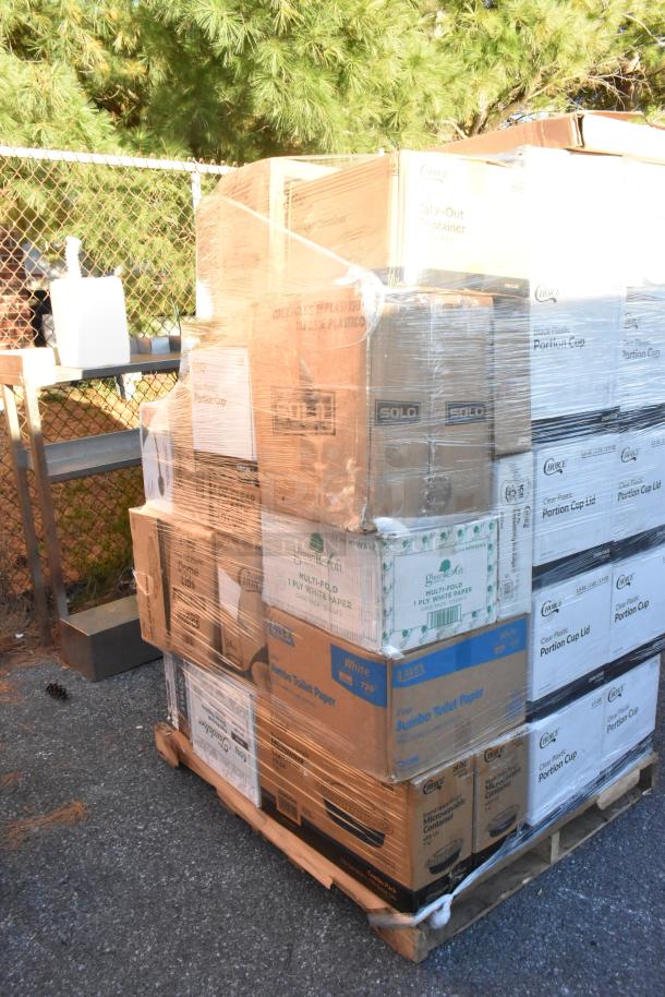 Pallet of 40 brand new scratch and dent items including portion cups, ice bags, take-out containers, and serving spoons.