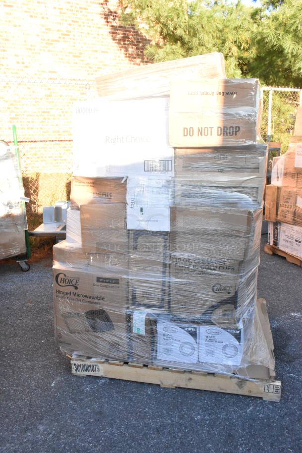 Pallet with 29 new scratch and dent items including Choice cup sleeves, plastic plates, bowls, and food trays wrapped in plastic.