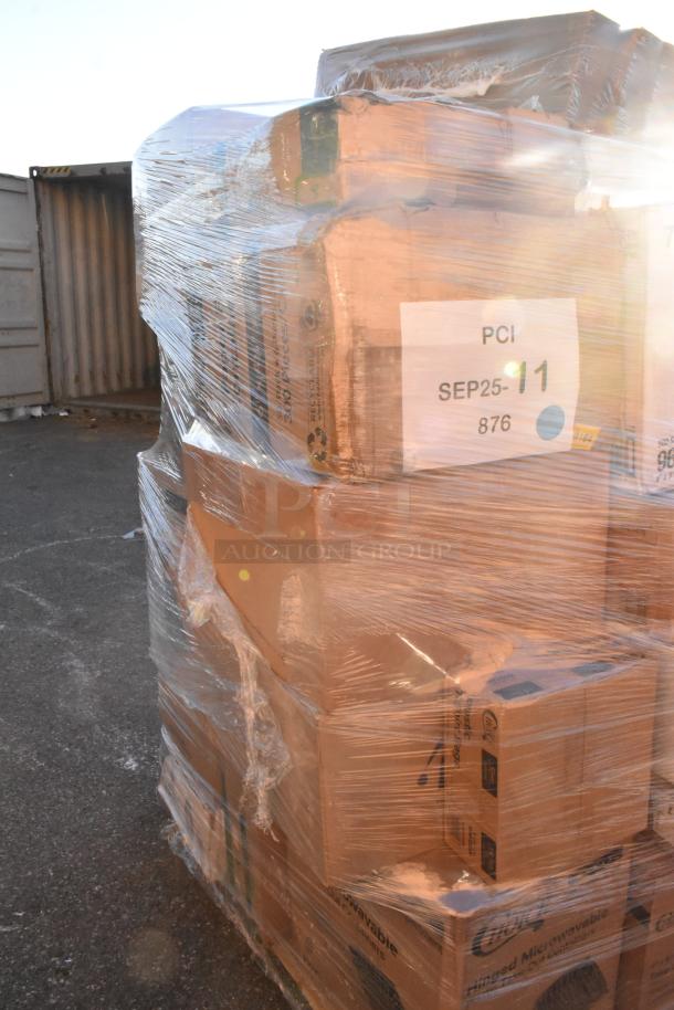 Large pallet of shrink-wrapped boxes labeled "PCI SEP25-11, 876," containing brand new scratch and dent items like cup sleeves and plastic tableware.