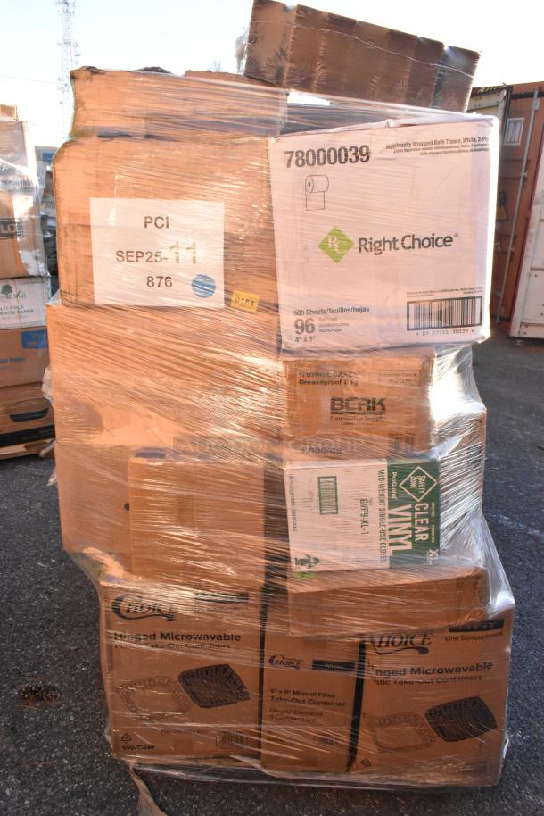 Stack of 29 new scratch and dent boxes, including cup sleeves, plastic plates, bowls, and food trays in shrink wrap.