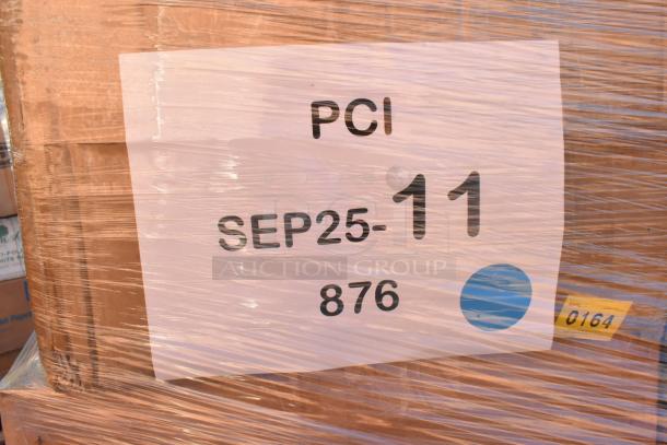 Plastic-wrapped pallet of scratch and dent items, labeled "PCI SEP25-11 876," includes cup sleeves, plates, bowls, and trays.