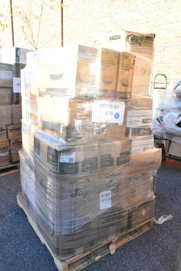 Pallet of 30 brand new scratch and dent items including containers, cold cups, gloves, and soup spoons, with visible labels.