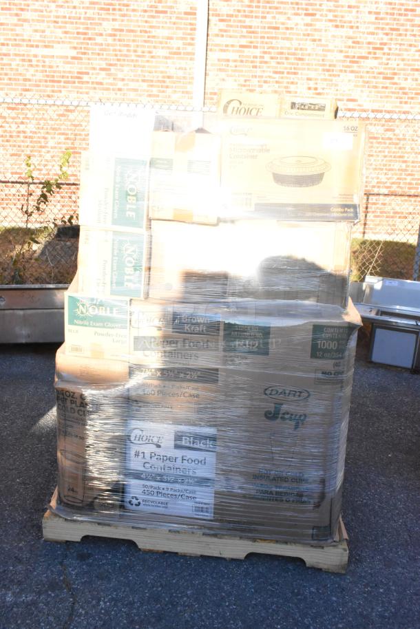 Pallet of 30 mixed new scratch-and-dent items including containers, cups, gloves, and spoons. Boxes wrapped in plastic.