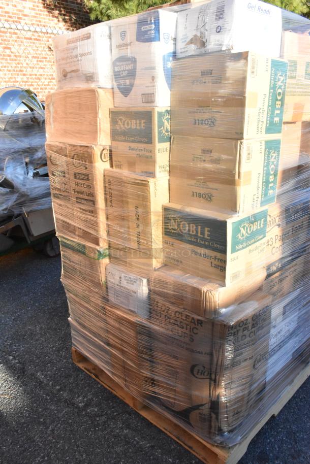Pallet of mixed new items including Noble nitrile gloves, plastic cold cups, and soup spoons, wrapped in plastic.