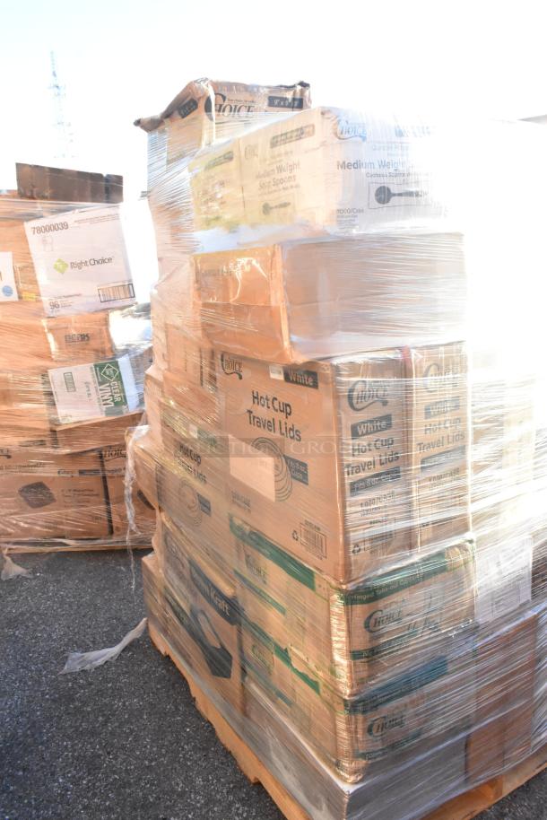 Pallet of 30 new scratch and dent items, including containers, cups, gloves, and spoons, in sealed packaging.