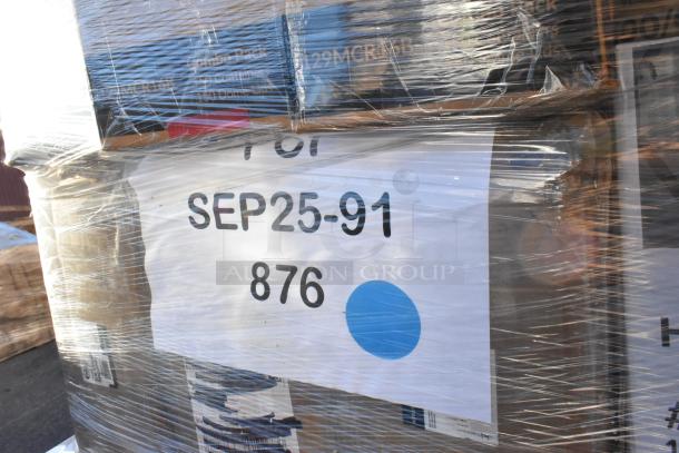 Pallet with 30 new scratch-and-dent items wrapped in plastic, labeled "SEP25-91 876." Includes containers, cups, gloves, spoons.