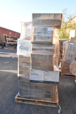 Pallet with wrapped boxes of Choice plastic portion cups and various food containers, marked "Scratch and Dent."