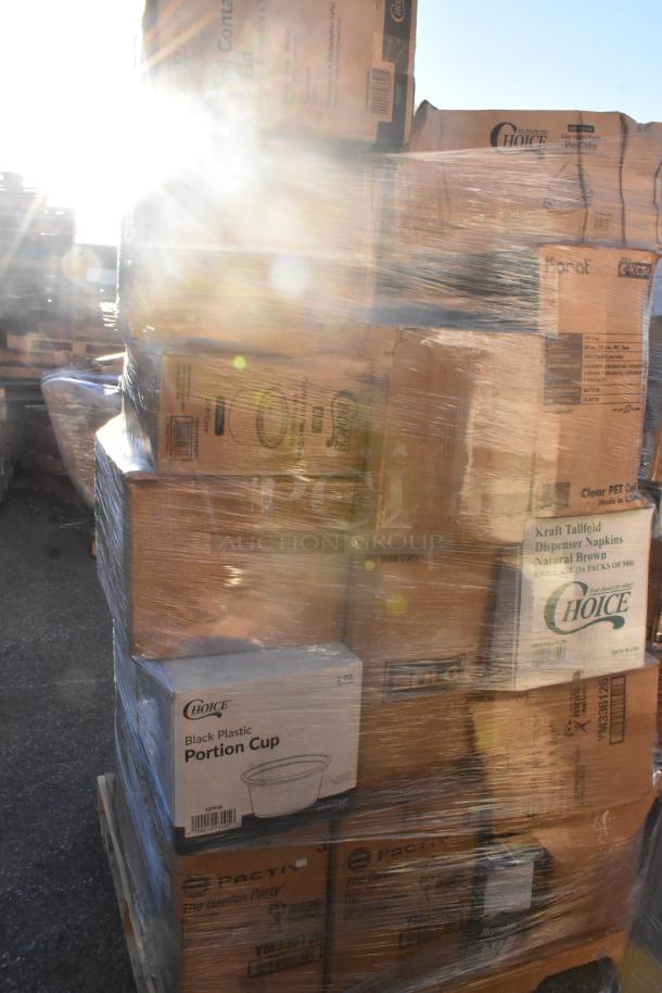 Pallet of 25 scratch and dent items including containers, portion cups, and paper plates, wrapped in plastic.