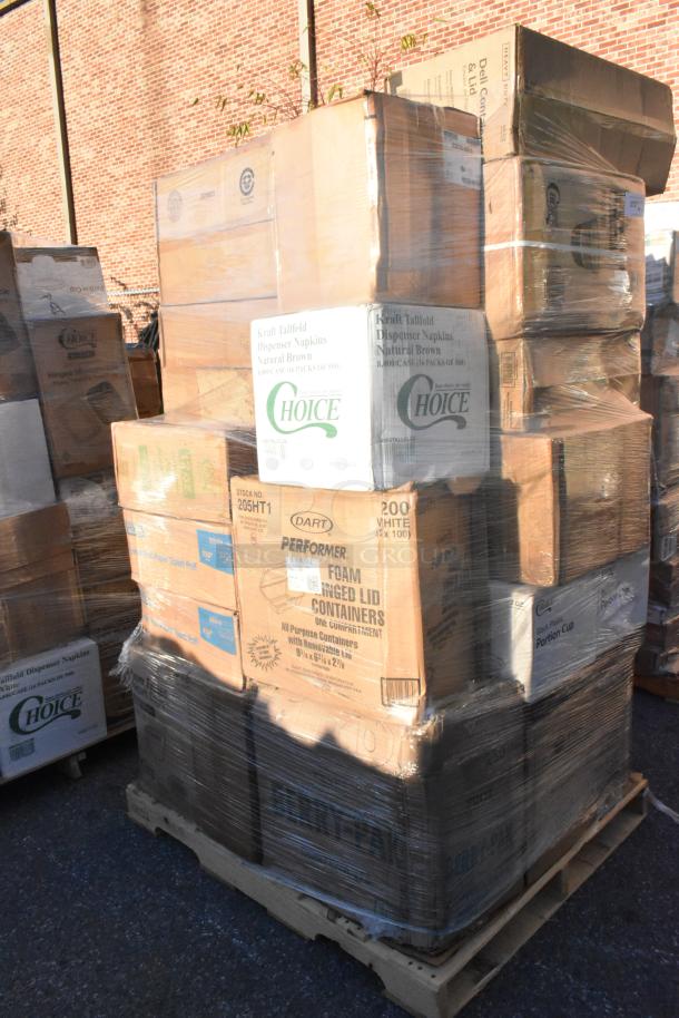 Pallet with 25 new scratch and dent items, including DART foam containers and Choice dispenser napkins, shrink-wrapped.