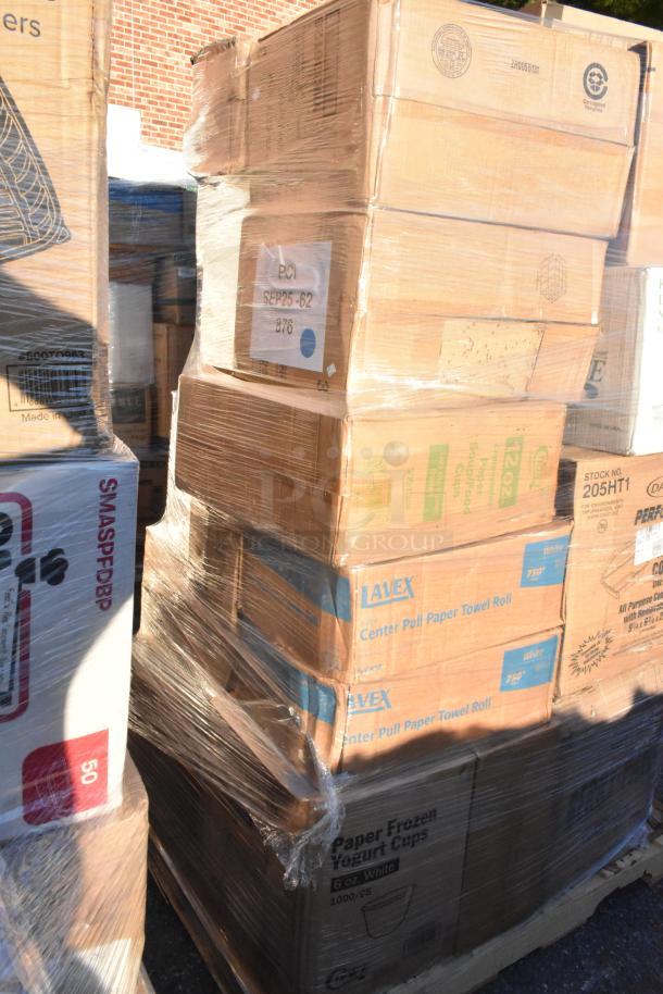 Pallet of 25 new scratch and dent items, including paper plates, containers, and yogurt cups, wrapped in plastic.