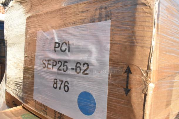 Palette wrapped with label "PCI SEP25-62 876," part of 25 new scratch and dent items including containers and food cups.