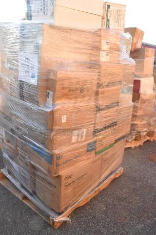Pallet of 45 new scratch and dent items wrapped in plastic, including containers, paper bags, cups. Labels visible on boxes.