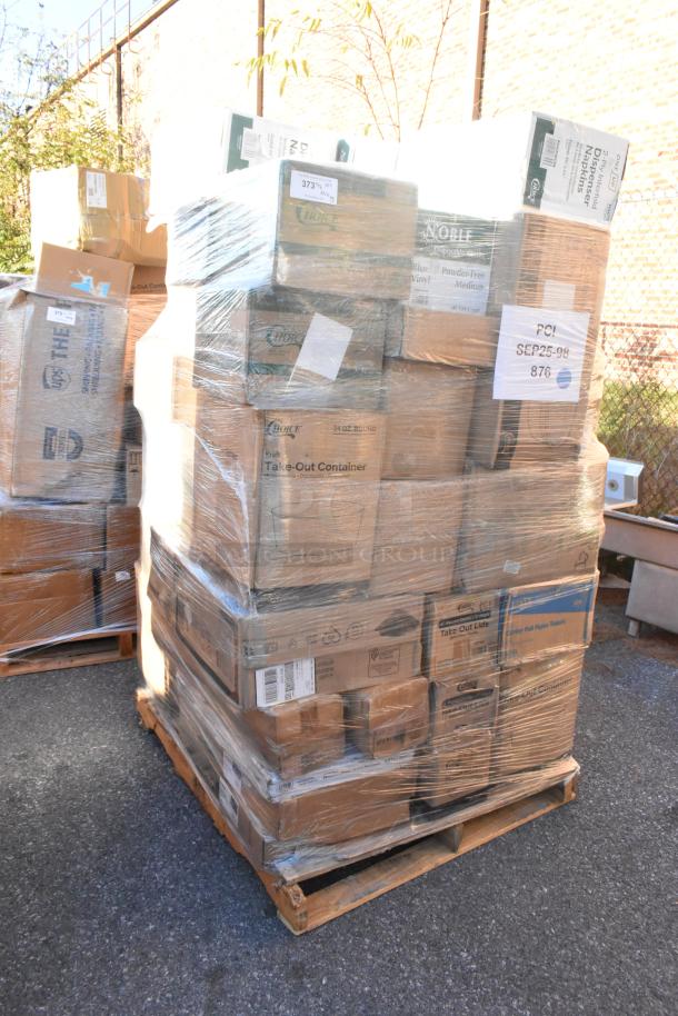 Pallet with 45 brand new scratch and dent items, including containers, paper bags, portion cups, and cold cups. Wrapped in plastic.