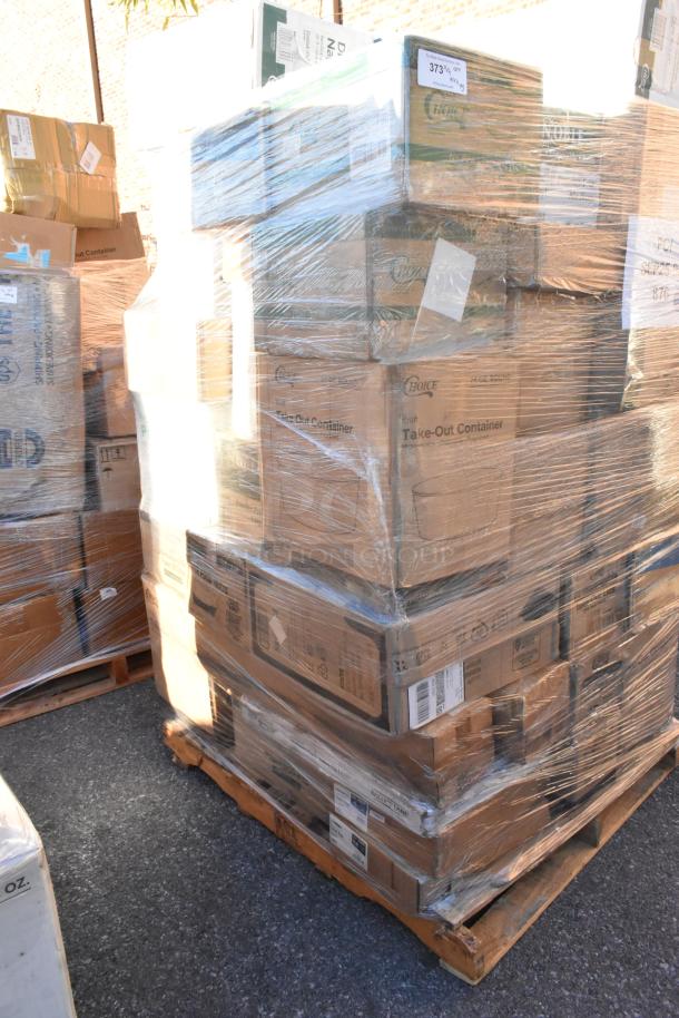 Pallet of 45 brand new scratch and dent items: containers, paper bags, cups. Labels visible. Items on wrapped pallets.