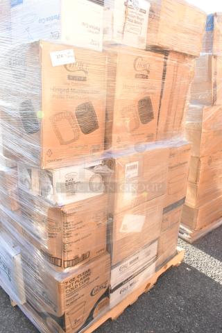 Pallet of 33 new scratch-and-dent items including take-out containers, plastic tumblers, gloves, and cold cups.