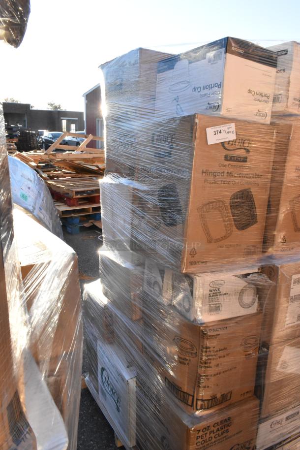 Pallet of assorted items including containers, plastic tumblers, gloves, kraft bags, and cold cups in original packaging.