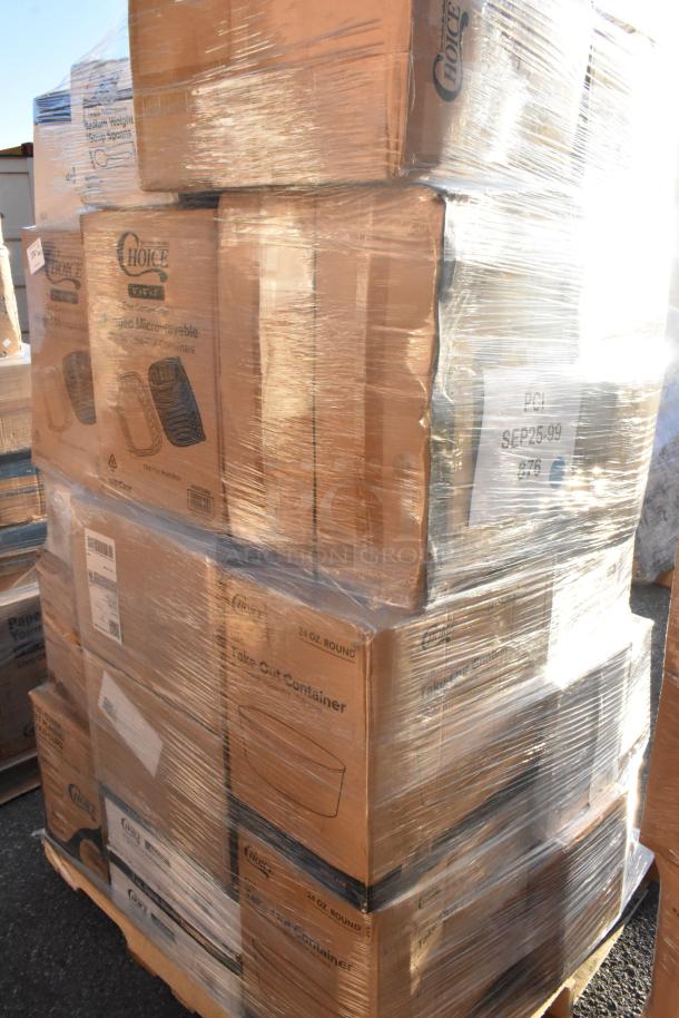 Pallet of 33 assorted new items including containers, tumblers, gloves, bags. Boxes labeled "Choice," sealed in plastic wrap.