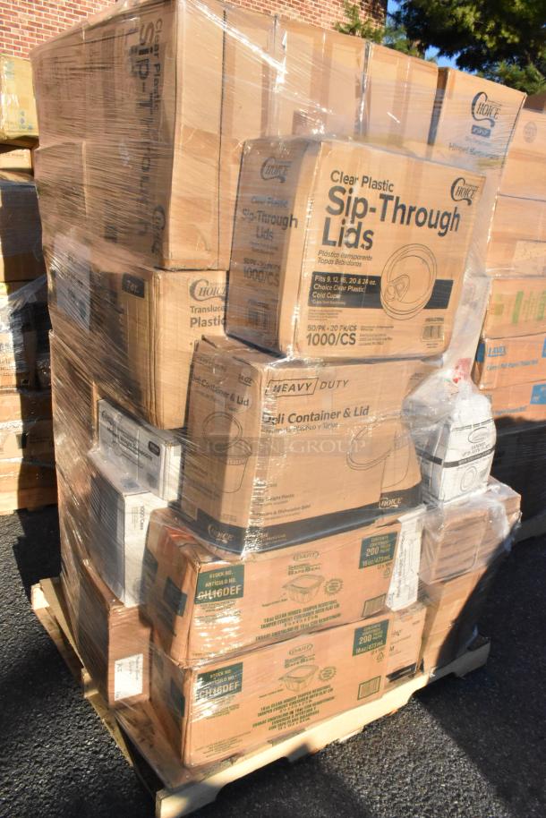 Pallet of 33 new scratch and dent items including containers, plastic tumblers, and lids, wrapped in plastic.
