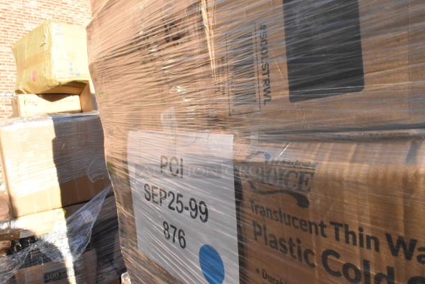 Pallet of new "Choice" branded scratch and dent items, including plastic tumblers and cold cups, wrapped in plastic with visible labeling "PCI SEP25-99 876".